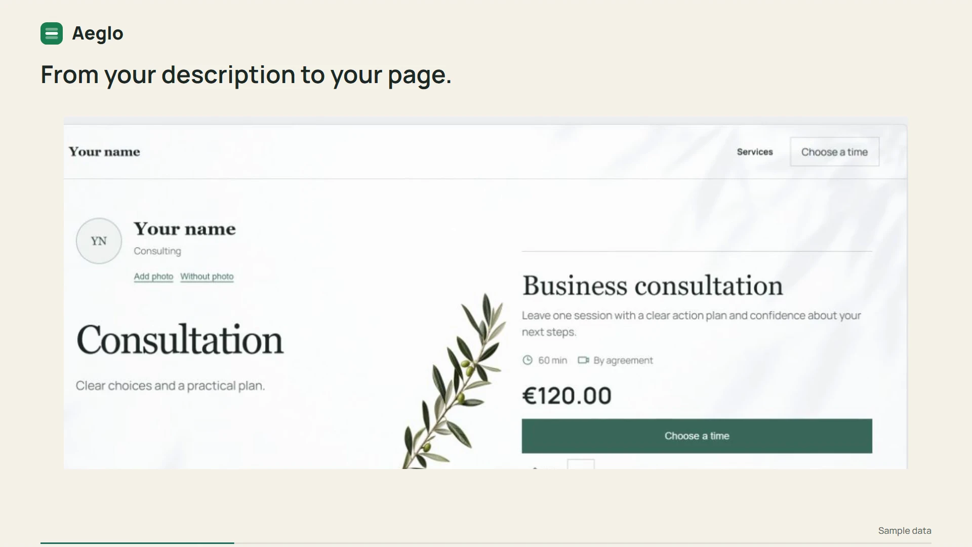 El editor de Aeglo: cambia tu introducción, tus servicios y el diseño directamente en la página.